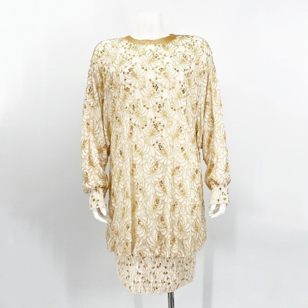 Lillie Rubin Gold Beaded Bubble Blouson Dress‎ Vintage Gilded Retro Sequin